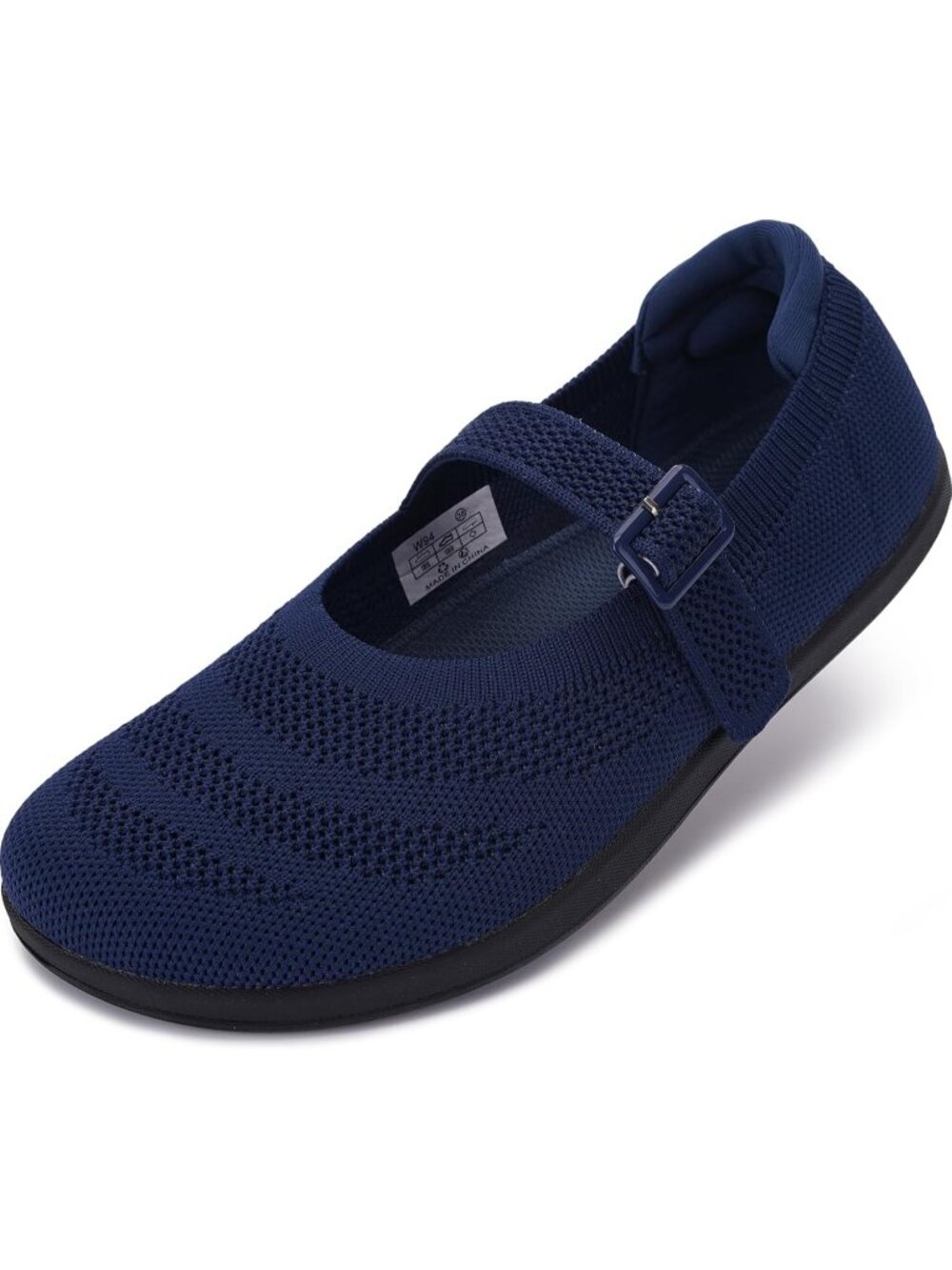 Women's Navy Knit Mary Jane Wide Toe Box Zero Drop Sole Adjustable Straps Flats